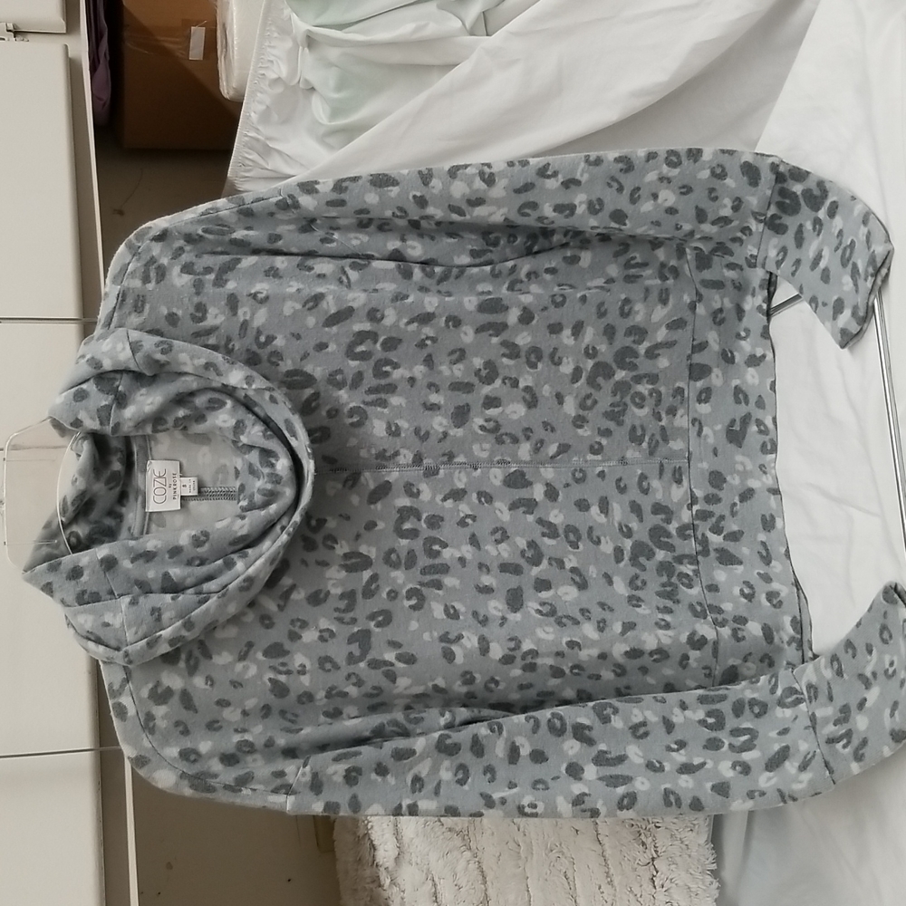 Cozie (literally), soft cropped top. Long sleeves, cowl neck and slits at hips.